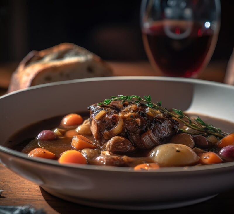 cassoulet with wine in the background