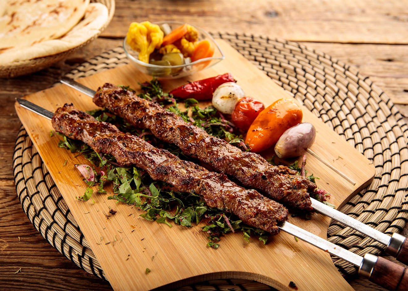 adana kebab with with roasted vegetables