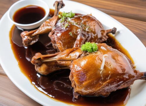 peking duck in the plate with sauce