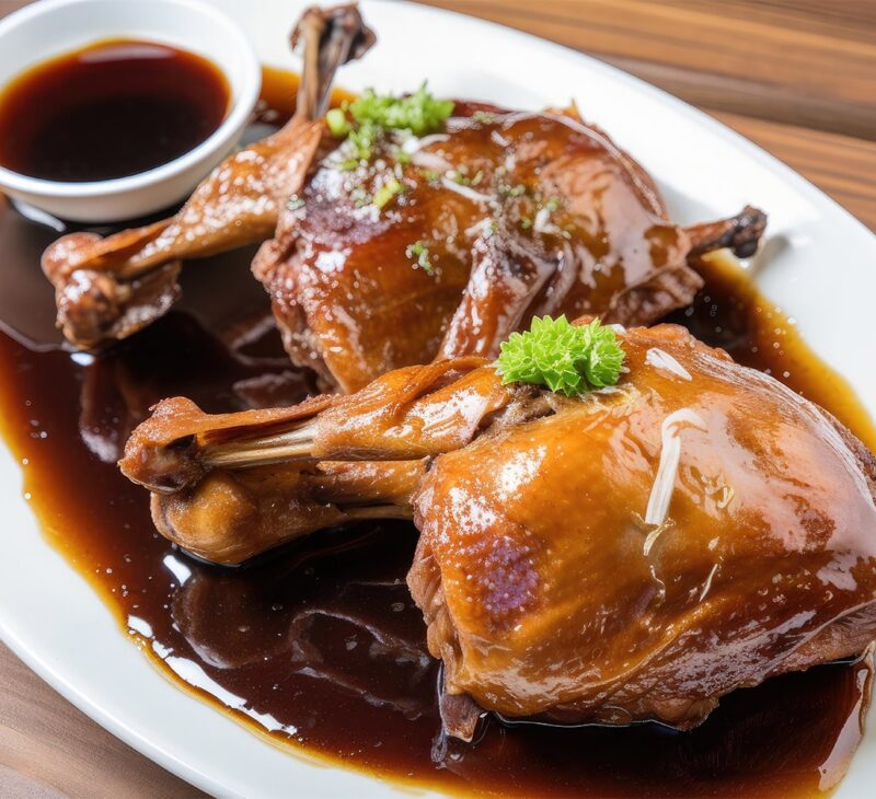 peking duck in the plate with sauce