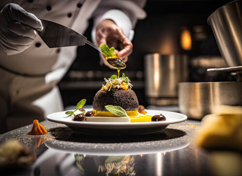 The chef is putting the finishing touches on the plate.