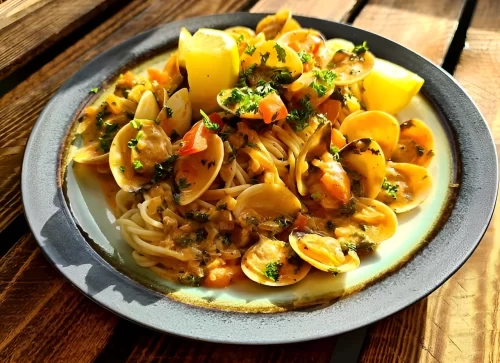 Spaghetti Vongole on a plate on a wooden table
