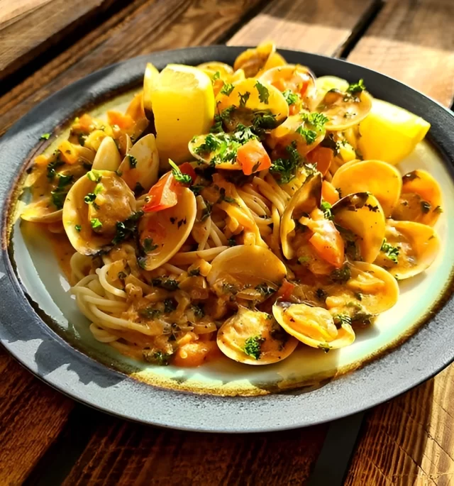 Spaghetti Vongole on a plate on a wooden table